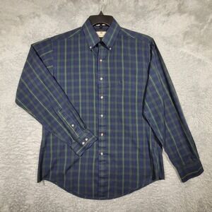 Etienne Aigner Mens Plaid Button Down Shirt Long Sleeve Green Blue Size 16 34/35